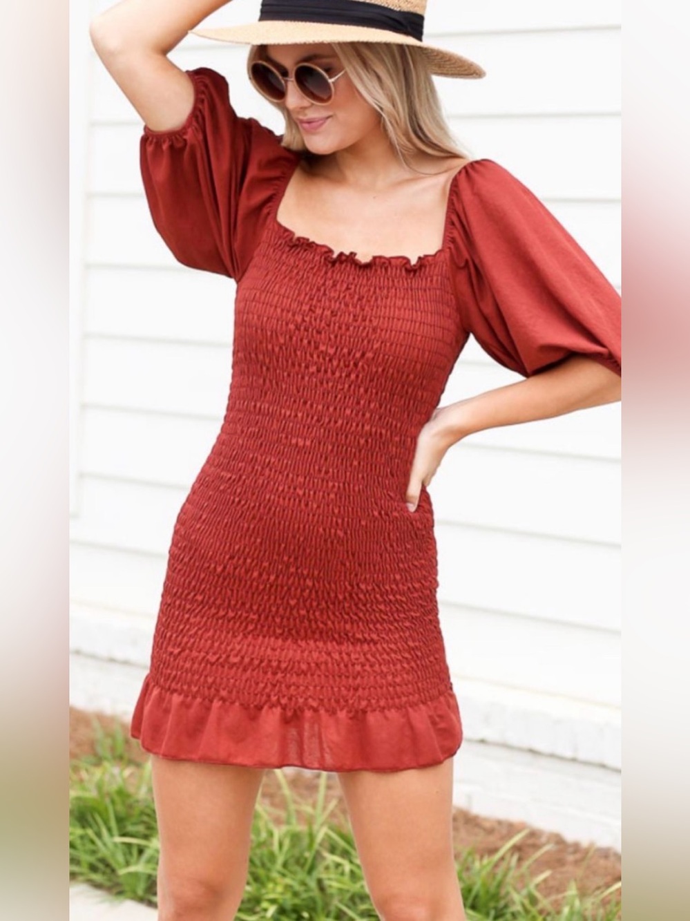 NWT Smocked Square-Neck Mini Dress — Rust